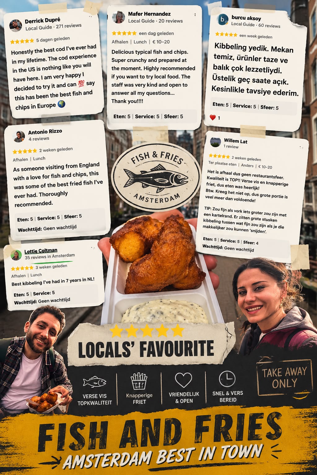 Reviews collage of Fish & Fries Amsterdam: five-star ratings from locals and visitors